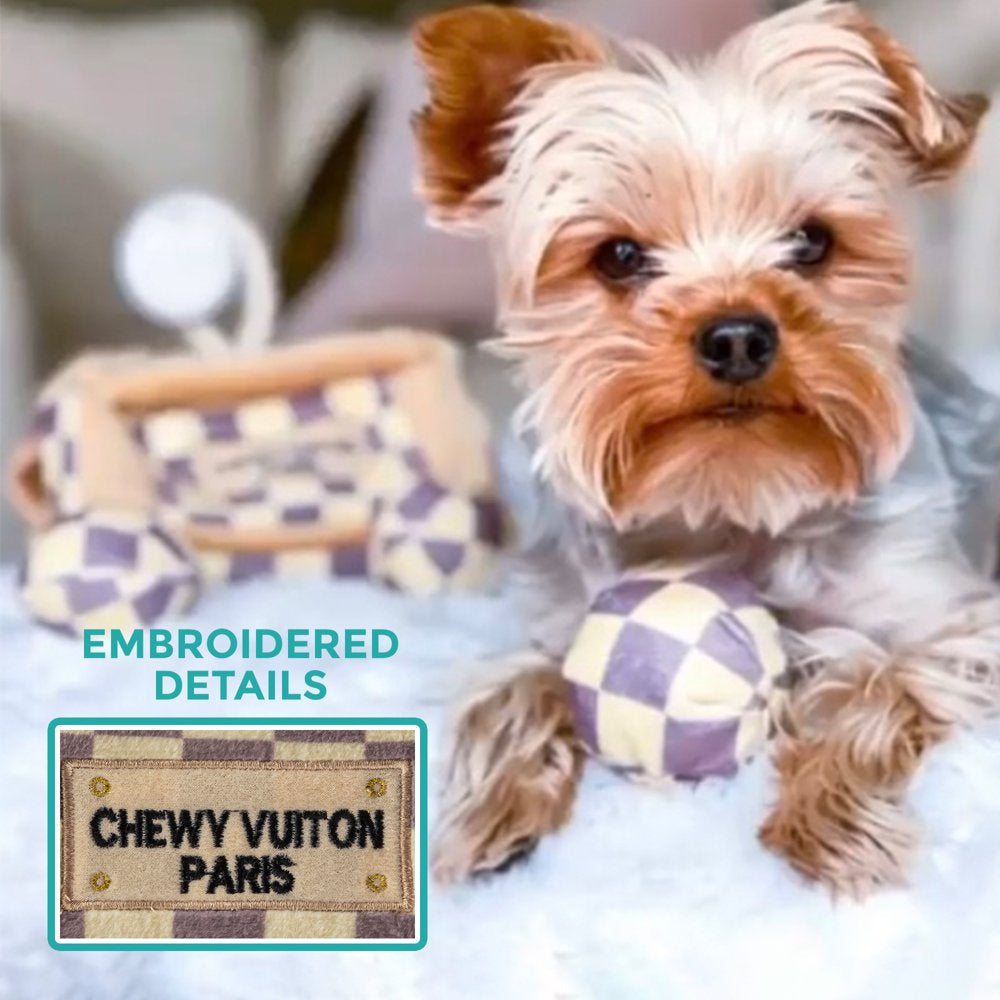 Chewy Vuiton Checker Collection – Soft Plush Designer Dog Toys with Squeaker and Fun, Unique, Parody Designs from Safe, Machine-Washable Materials for All Breeds & Sizes