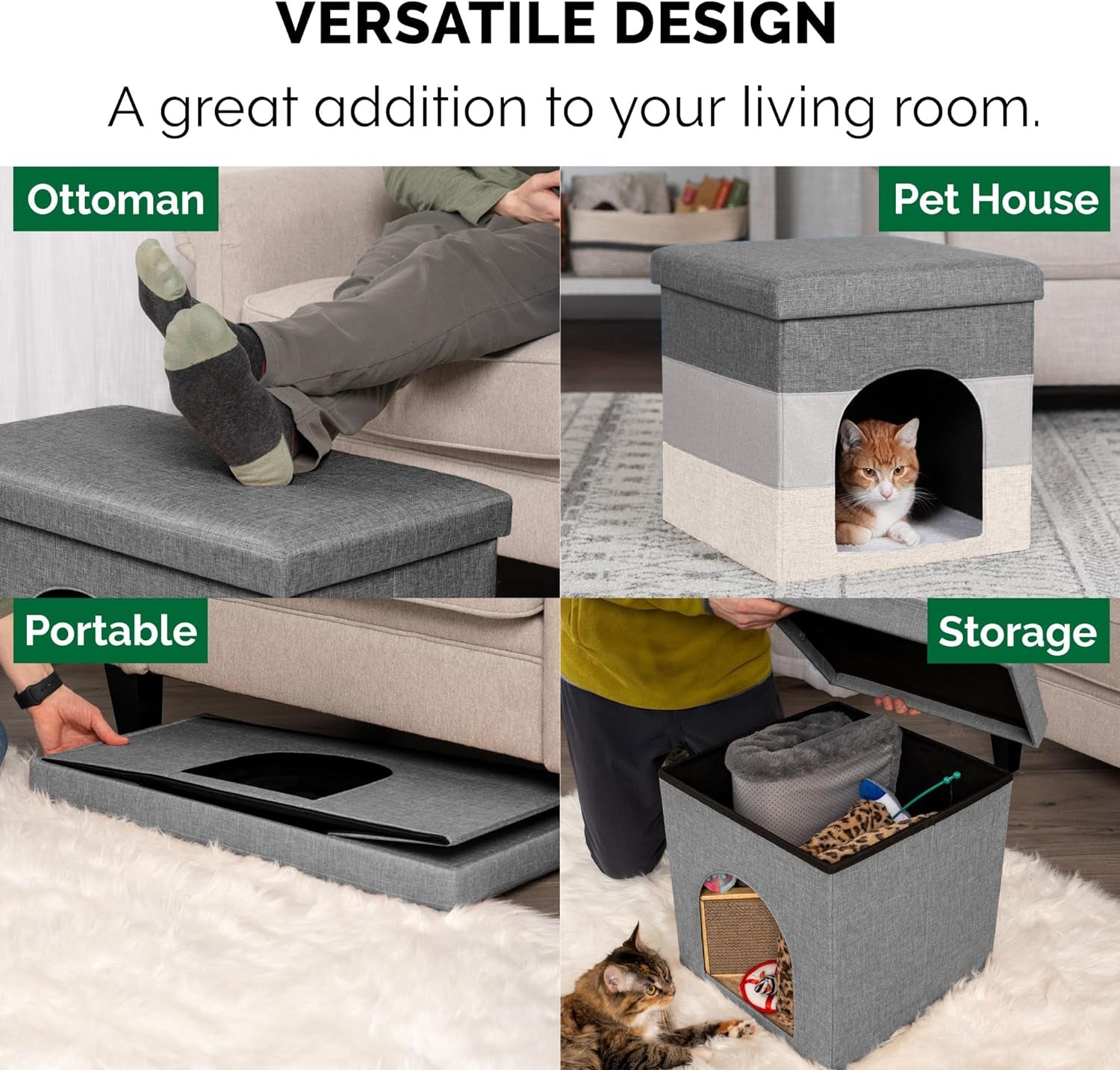 Living Room Footstool Cat Condo - Collapsible & Foldable W/ Plush Ball Toy 
