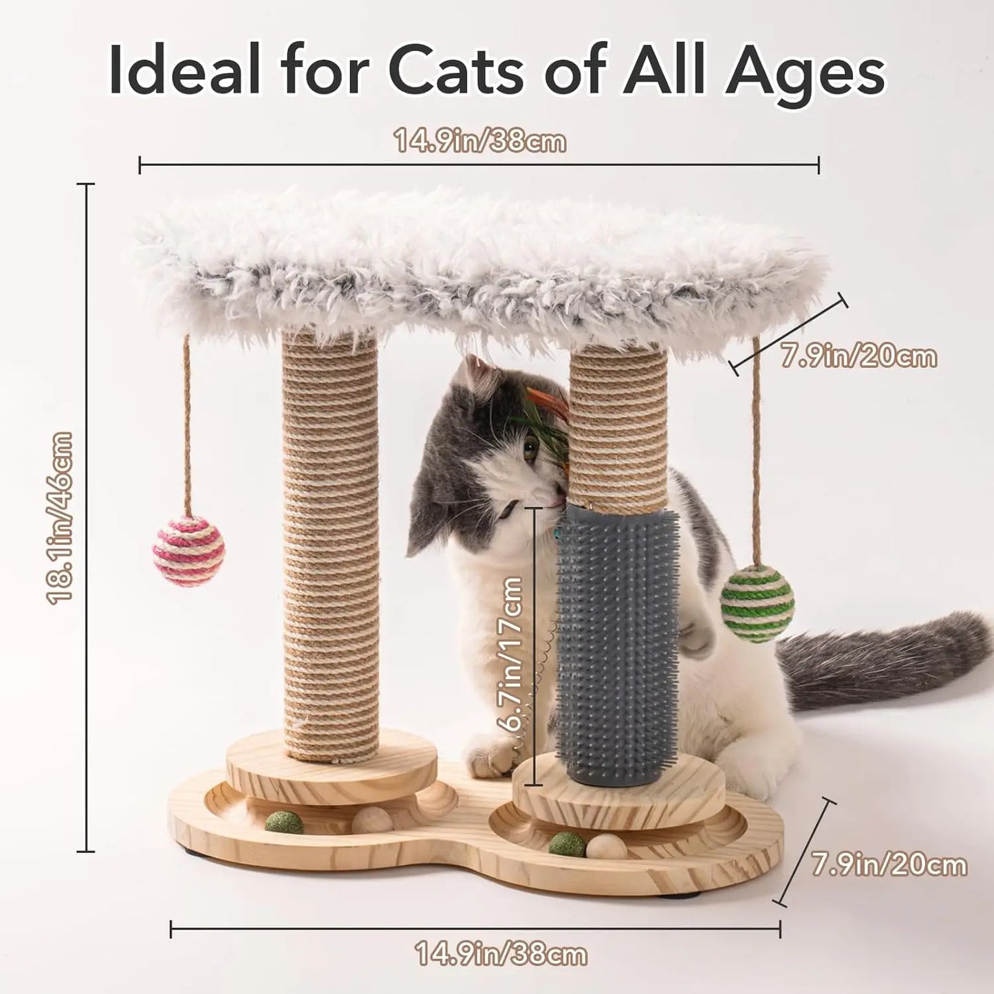 Cat Scratching Post for Indoor Soft Rabbit Fleece Perch for Rest Natural Sisal Scratcher Interactive Kitten Toy Balls