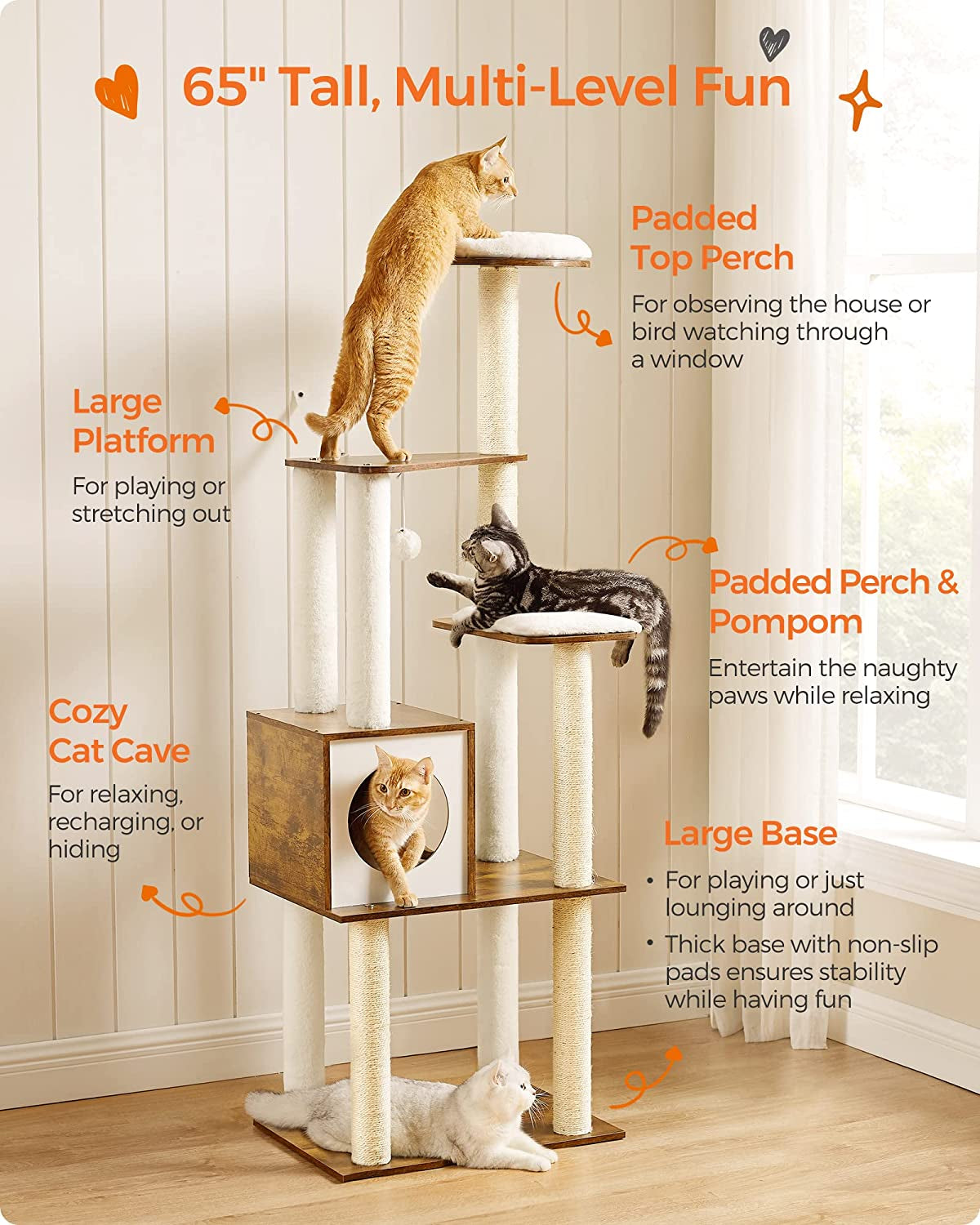 65-Inch Modern Cat Tree Tower w/ 5 Scratching Posts