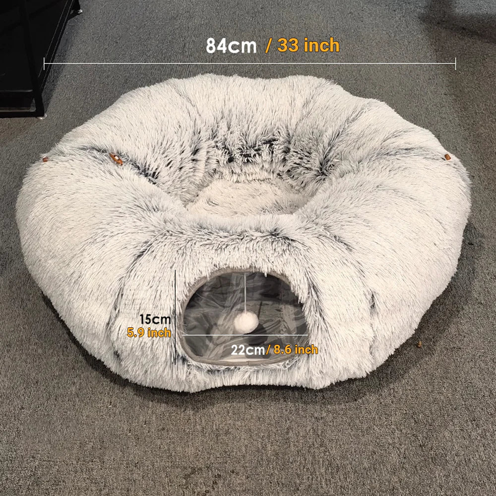 Large Cat Tunnel Bed with Fluffy Cave Tube, Removable Cushion ( for Cats, Dogs, Rabbits, and Ferrets)