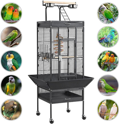61-Inch Playtop Wrought Iron Large Parrot Bird Cages with Rolling Stand for Cockatiels Amazon Parrot Quaker Conure Parakeet Lovebird Finch Canary Small Medium Parrot Cage Birdcage, Black