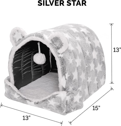 Cat Bed Cave for Indoor Cats & Small Dogs, Washable & Foldable W/ Plush Ball Toy - Cozy Cave-Bear Pet Tent - Silver Stars, Small