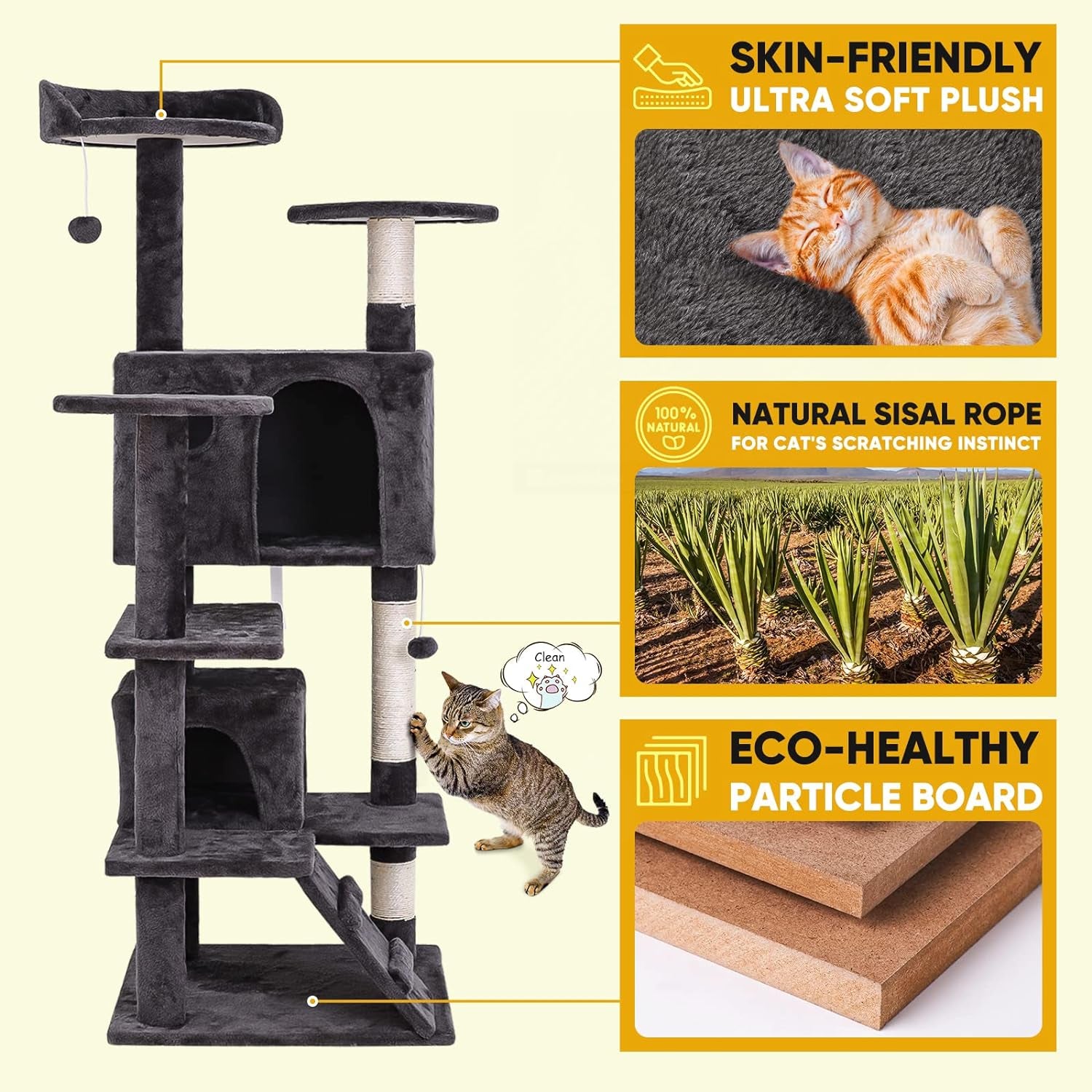 54In Cat Tree Tower for Indoor Cats Multi-Level Cat Condo Cat Bed Furniture with Scratching Post Kittens Activity Center