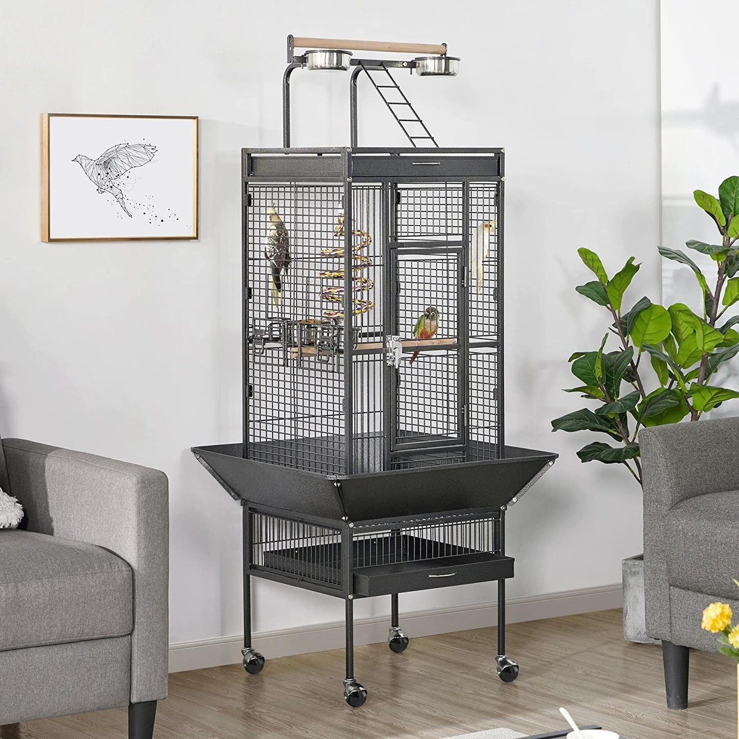 61-Inch Playtop Wrought Iron Large Parrot Bird Cages with Rolling Stand for Cockatiels Amazon Parrot Quaker Conure Parakeet Lovebird Finch Canary Small Medium Parrot Cage Birdcage, Black