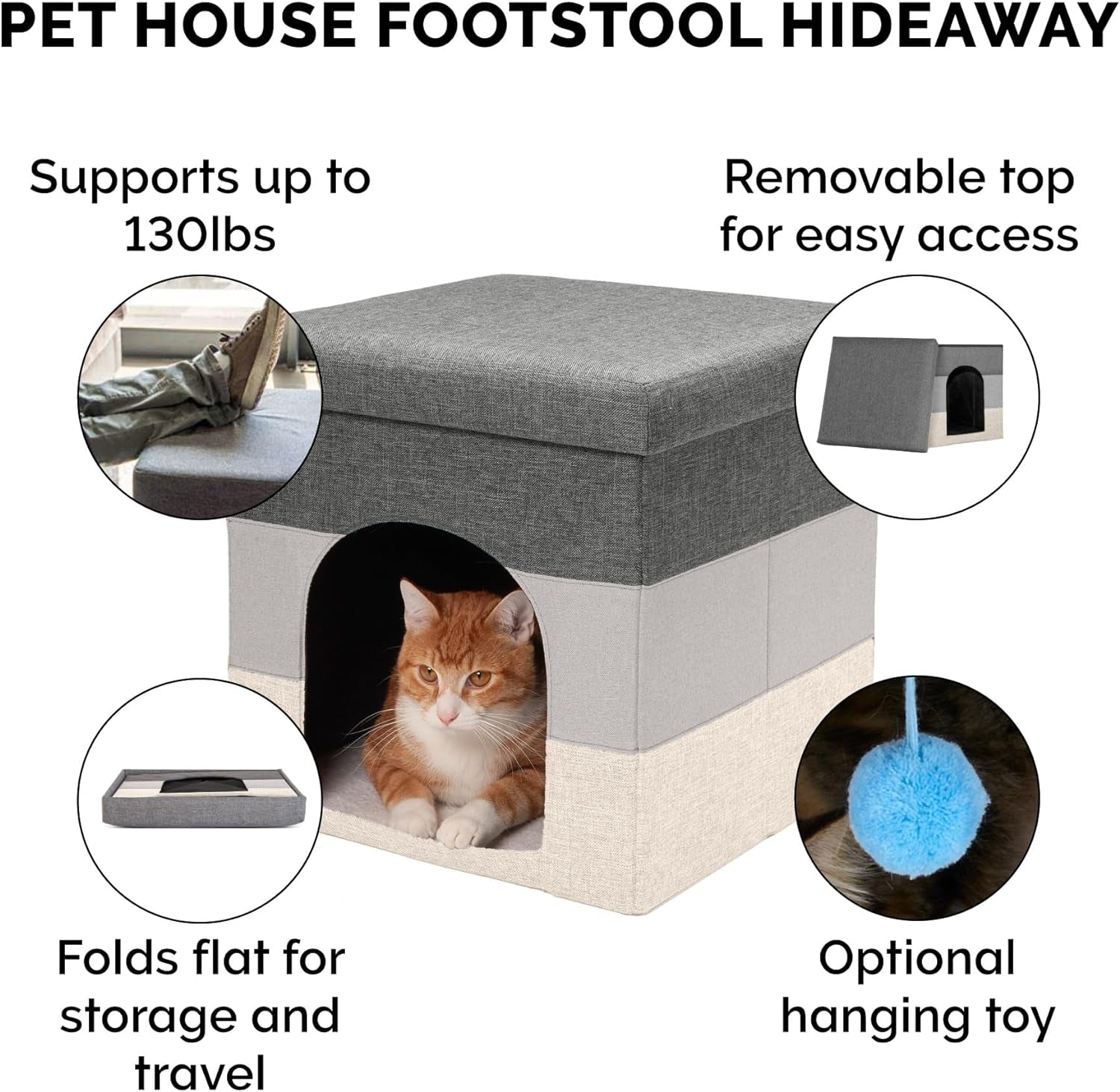 Living Room Footstool Cat Condo - Collapsible & Foldable W/ Plush Ball Toy 